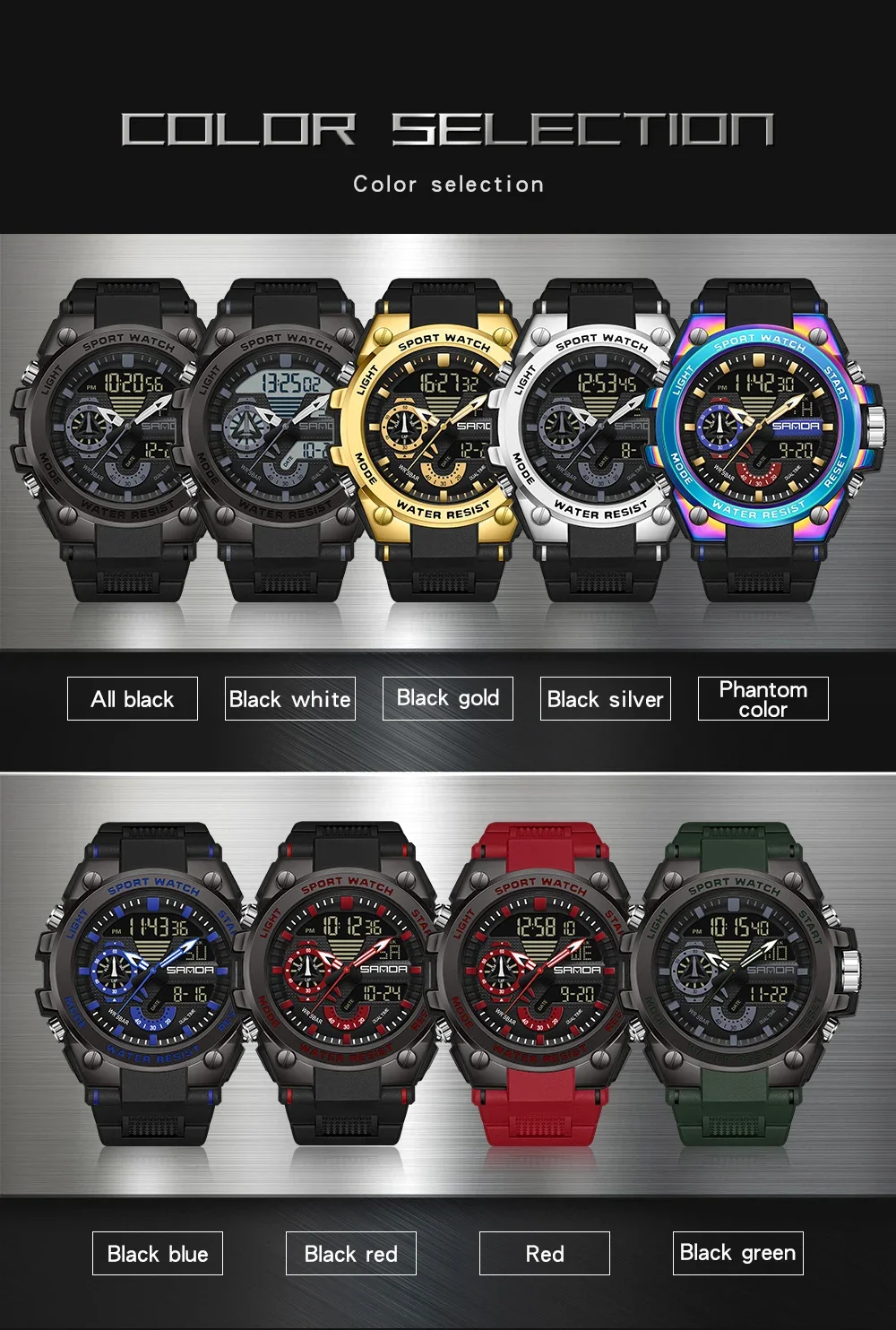 Sanda Men\'s Digital Fashion Waterproof Outdoor Sports Multifunctional Electronic Watch SD3302-12