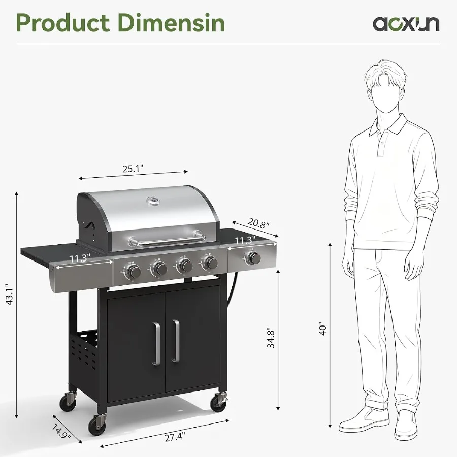 4-Burner 49000 BTU Propane Grill with Side Burner for outdoor cooking, black stainless steel, sleek black finish, high heat out