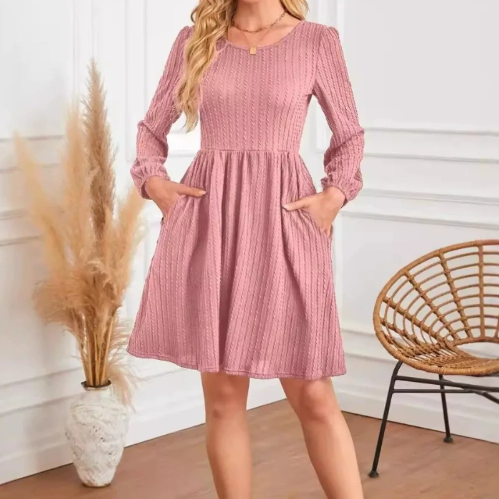 女性のファッションカジュアルコンフォートラウンドネックポケットニット長袖Aラインドレスポケット付きソリッドカラーカジュアル多用途