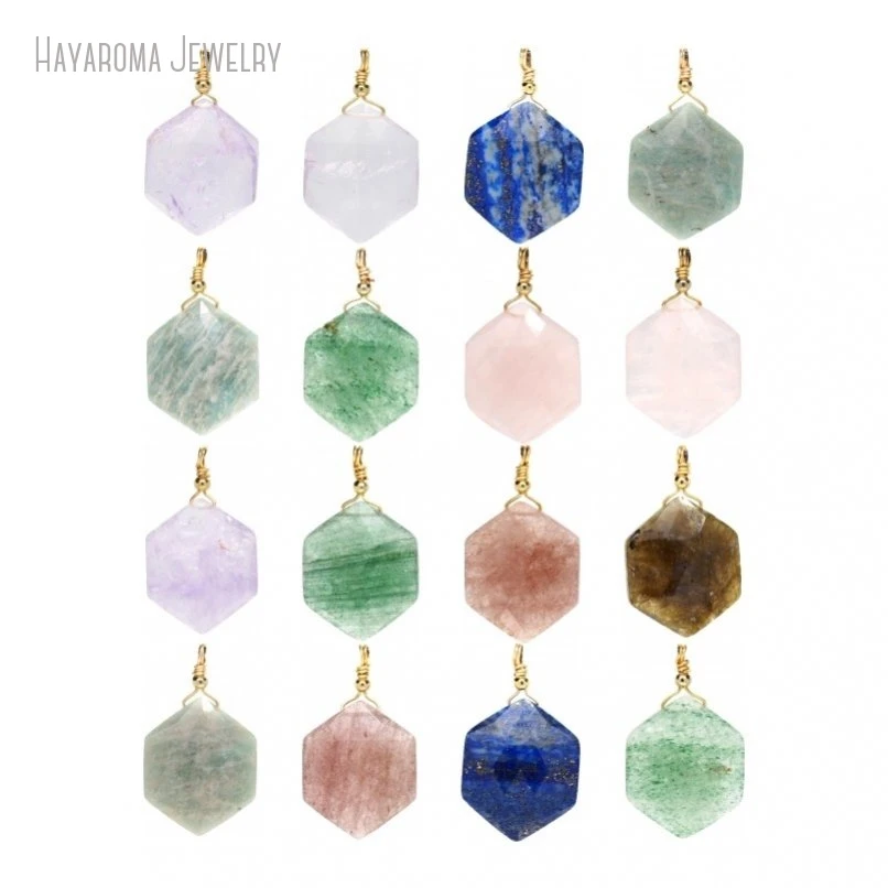 12Pcs Wire Wrapped Pillar Hexagon Handmade Jewelry Faceted Crystal Semi-precious Stone Gemstone Pendant PM46838