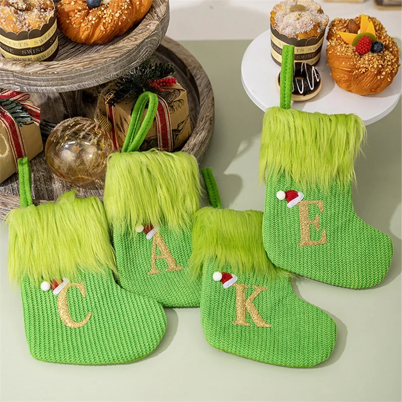 Christmas Stockings Knitted Candy Bag Treat Bag Alphabet Hanging Decor for Holiday Party Favor