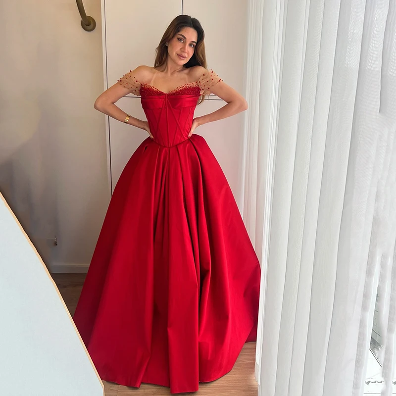 

Thinyfull 2025 A-Line Prom Evening Dresses Saudi Arabia Sweetheart Party Dress Red Pearls Long Cocktail Prom Gowns Customized