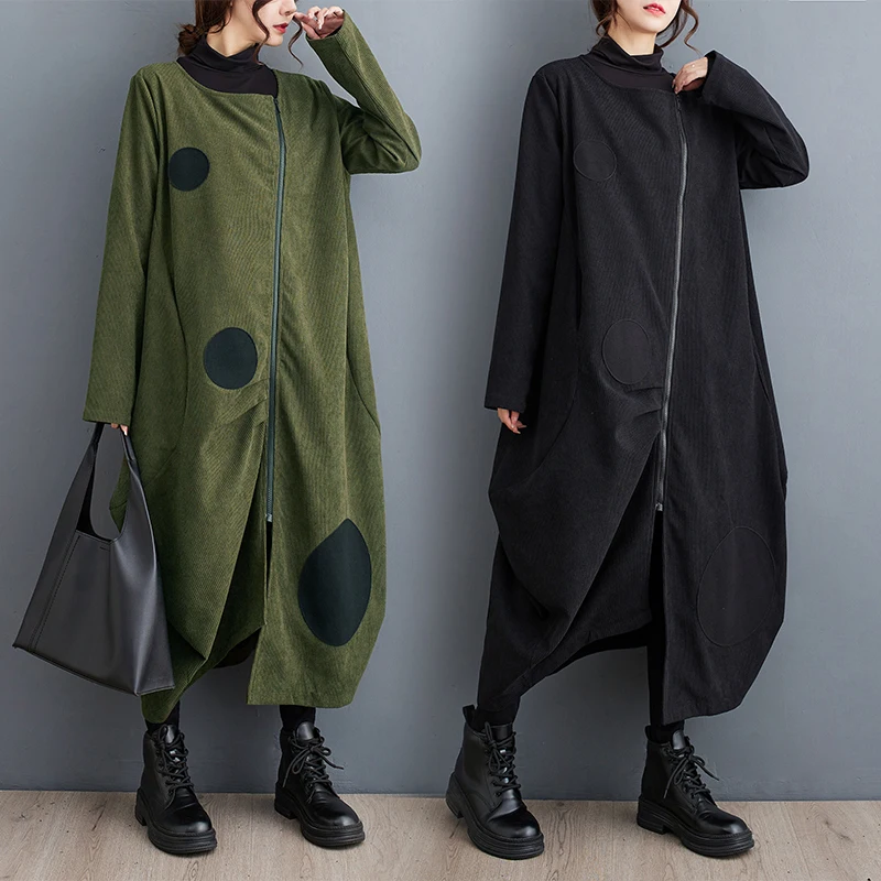 Loose Oversized Women's Dress Coat Zipper Splicing Design Autumn Winter New Style Korean Version Long Sleeve Maxi Dress