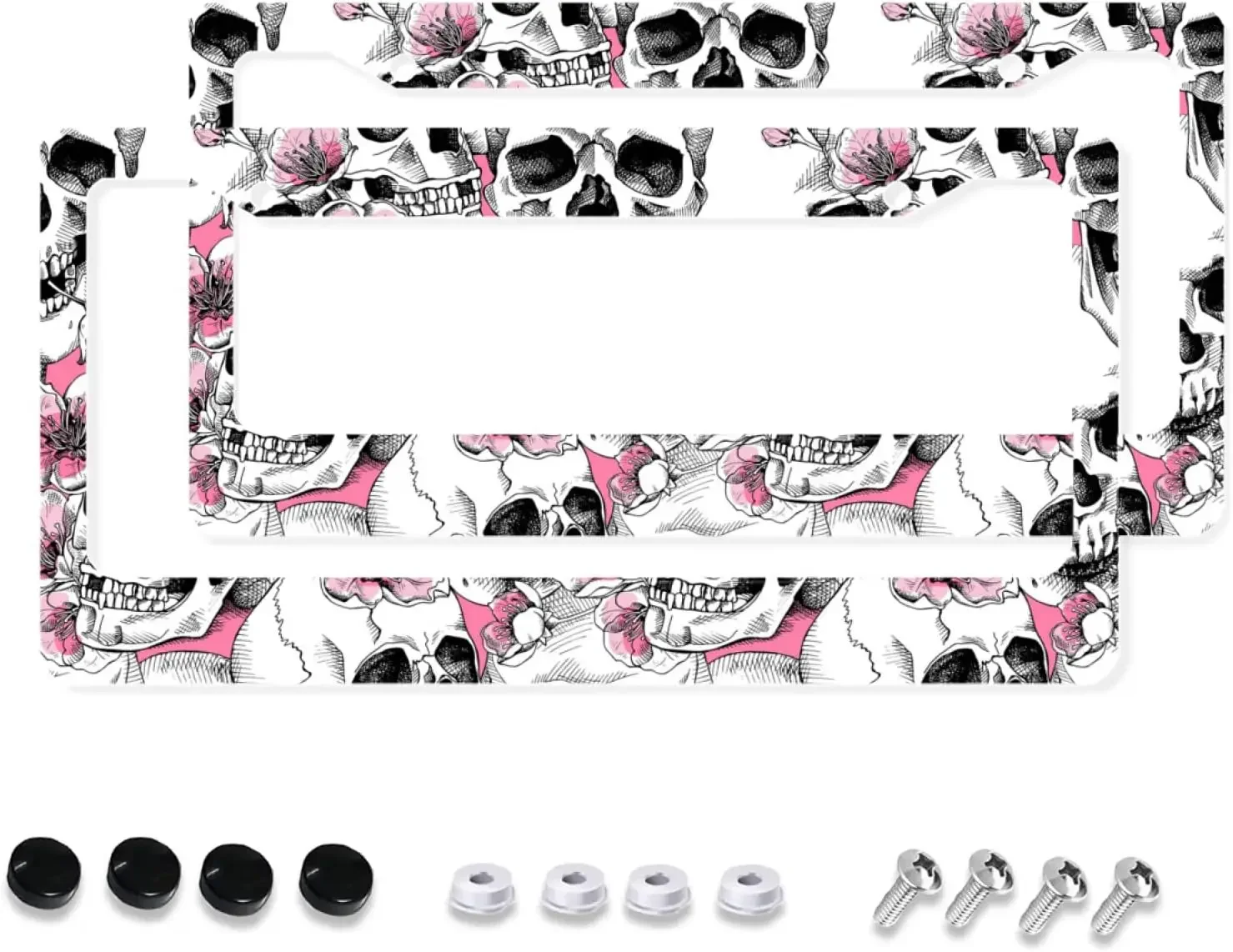 Funny Pink Floral Skull License Plate Frame 2 Pack License Plate Holder with 2 Holes Car Tag Frame for Women Men US Vehicles