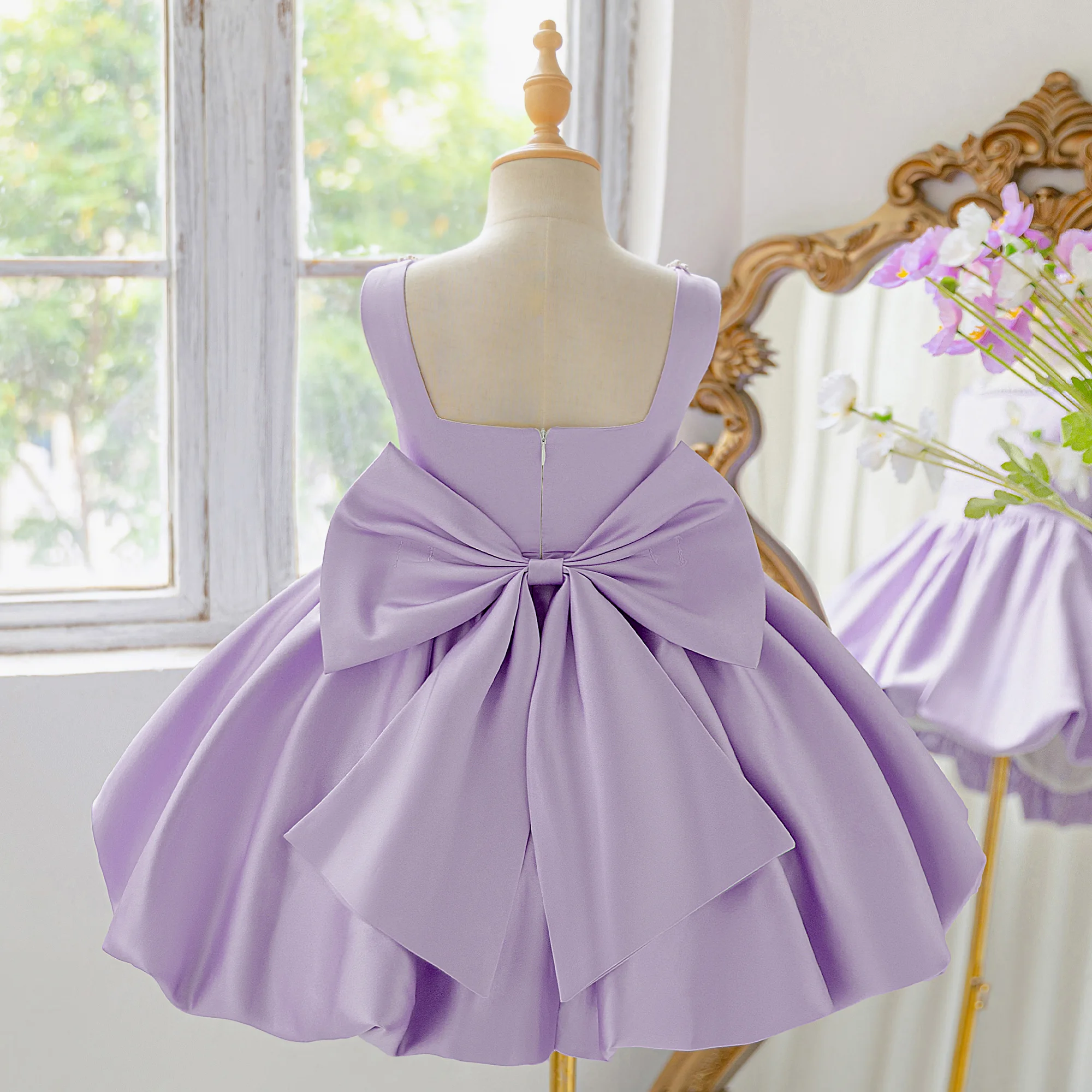 Girl Beading Bow Ball Gown Elegant Princess Wedding Childrens Birthday Party Piano Fashion Show Violin Performance Costume