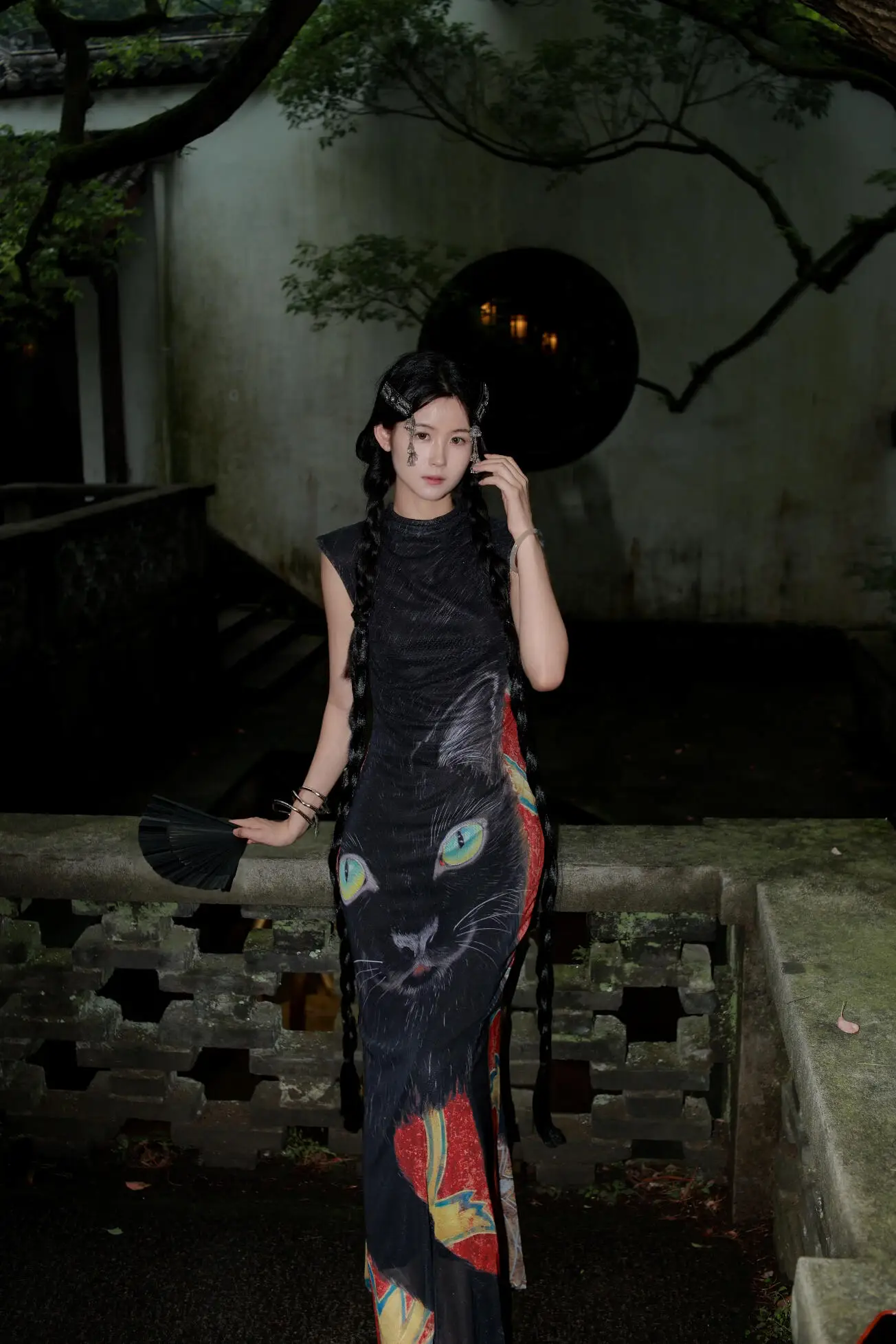 Retro Chinese Style Sleeveless  Print Dress Women's Unique National Style Mesh Elastic Slimming Improved  Dress