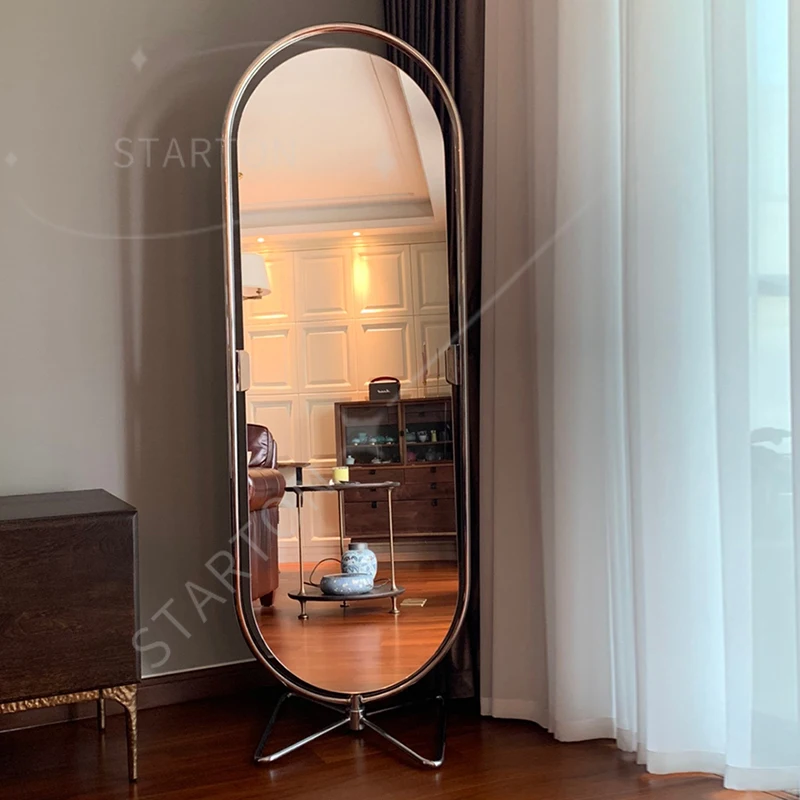 Movable Full Body Mirror Home Bedroom Floor Mirror Internet Celebrity Light Luxury Clothing Store