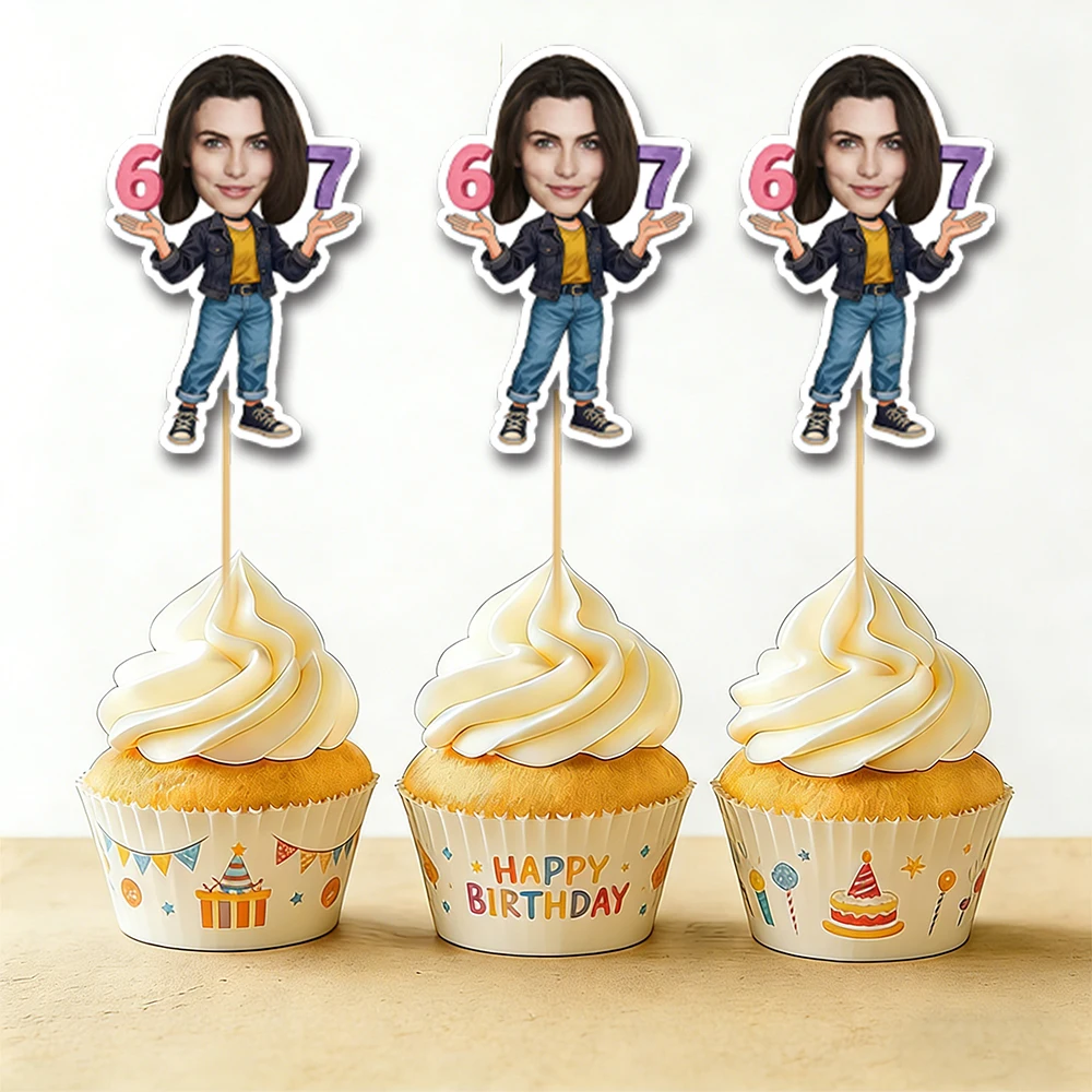 6/12pcs Personalized Birthday Photo Cupcake topper custom Face Photo for Milestone Anniversary Celebration Party Cake Decoration