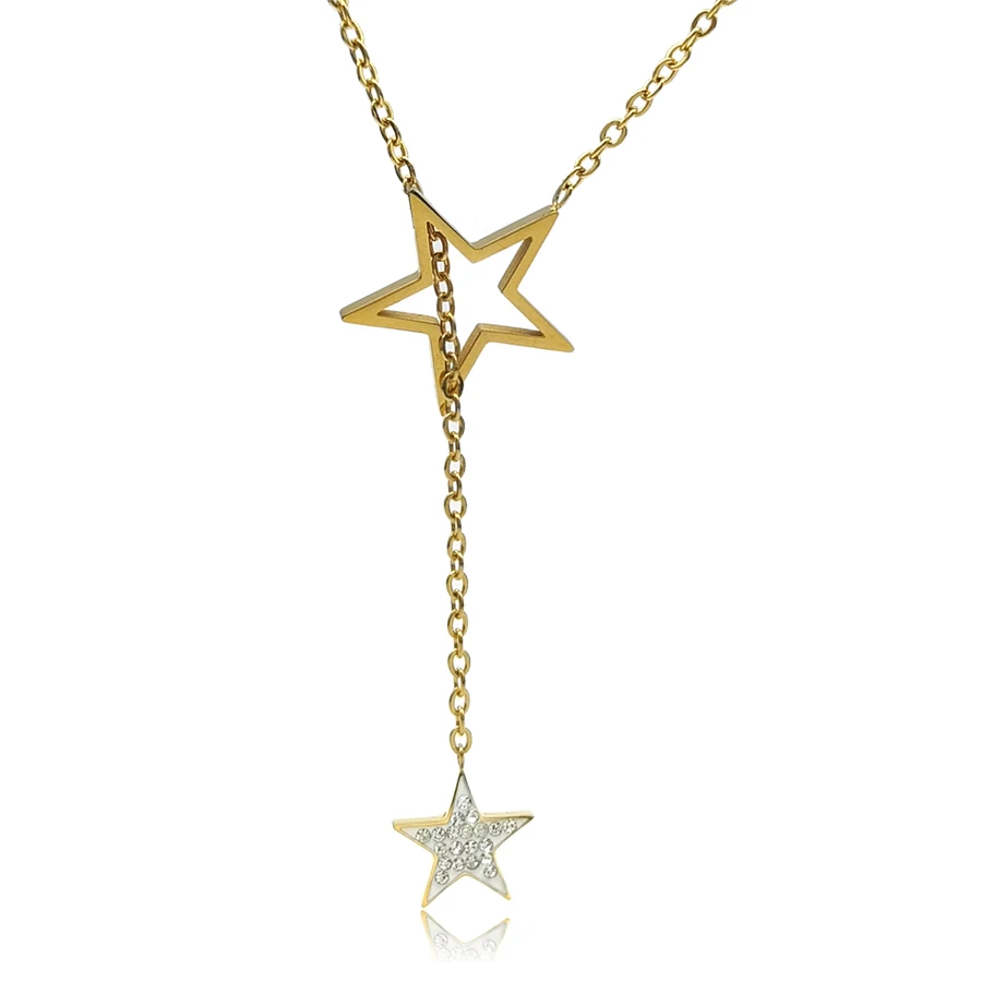 New Shiny Five pointed Star Self adjusting Pendant Temperament Collar Chain Stainless Steel Necklace Two Stars Rhinestone J