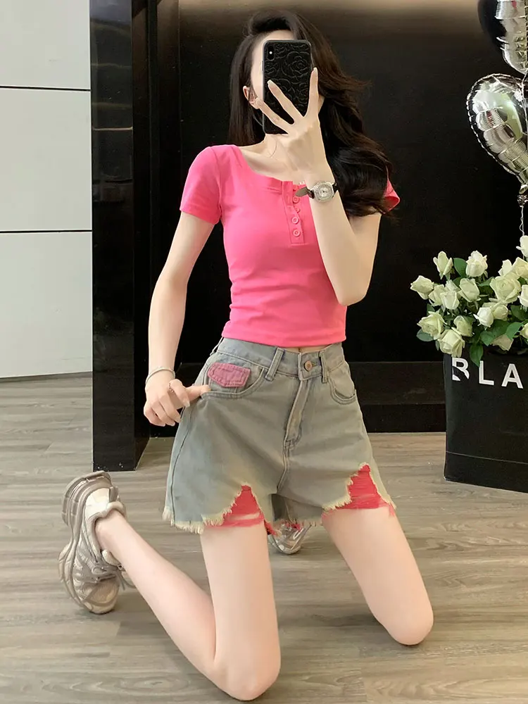 

Flared ort Sve Denim orts Casual Faion Two Piece Set Women Summer Slimming High Waist Cotton Breathable round Ne
