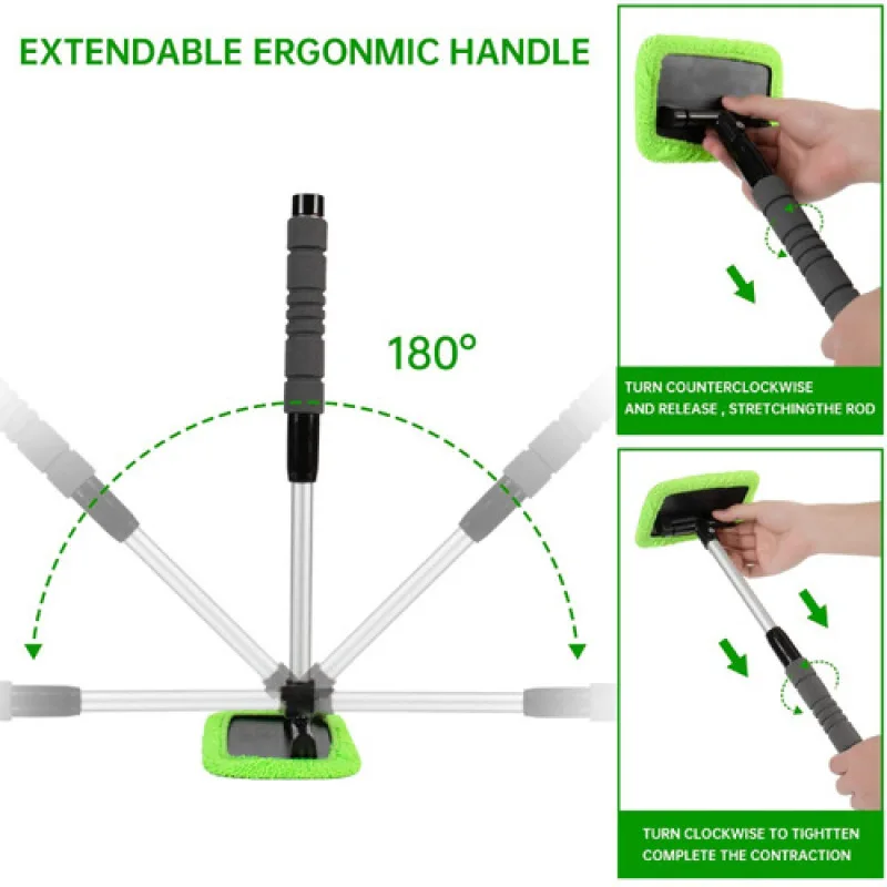 車のウィンドウクリーニングブラシ,格納式マイクロファイバーブラシ,フロントガラスクリーニングツール,車のガラスワイプ,布パッド付きの長いハンドル