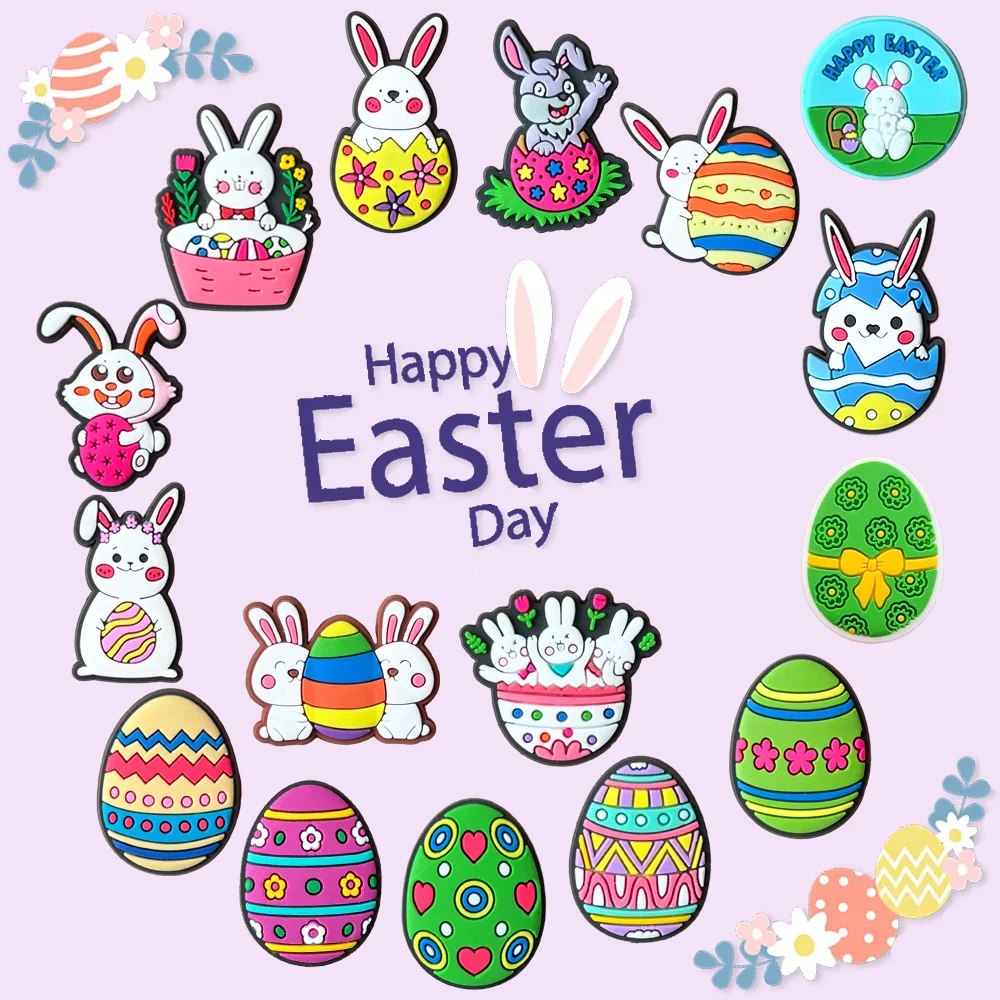 Shoe Charms 1Pcs Easter Cartoon Egg Rabbit Pins PVC DIY Sandals Accessories for Clogs Kids Friends Party Favors Festival Gifts