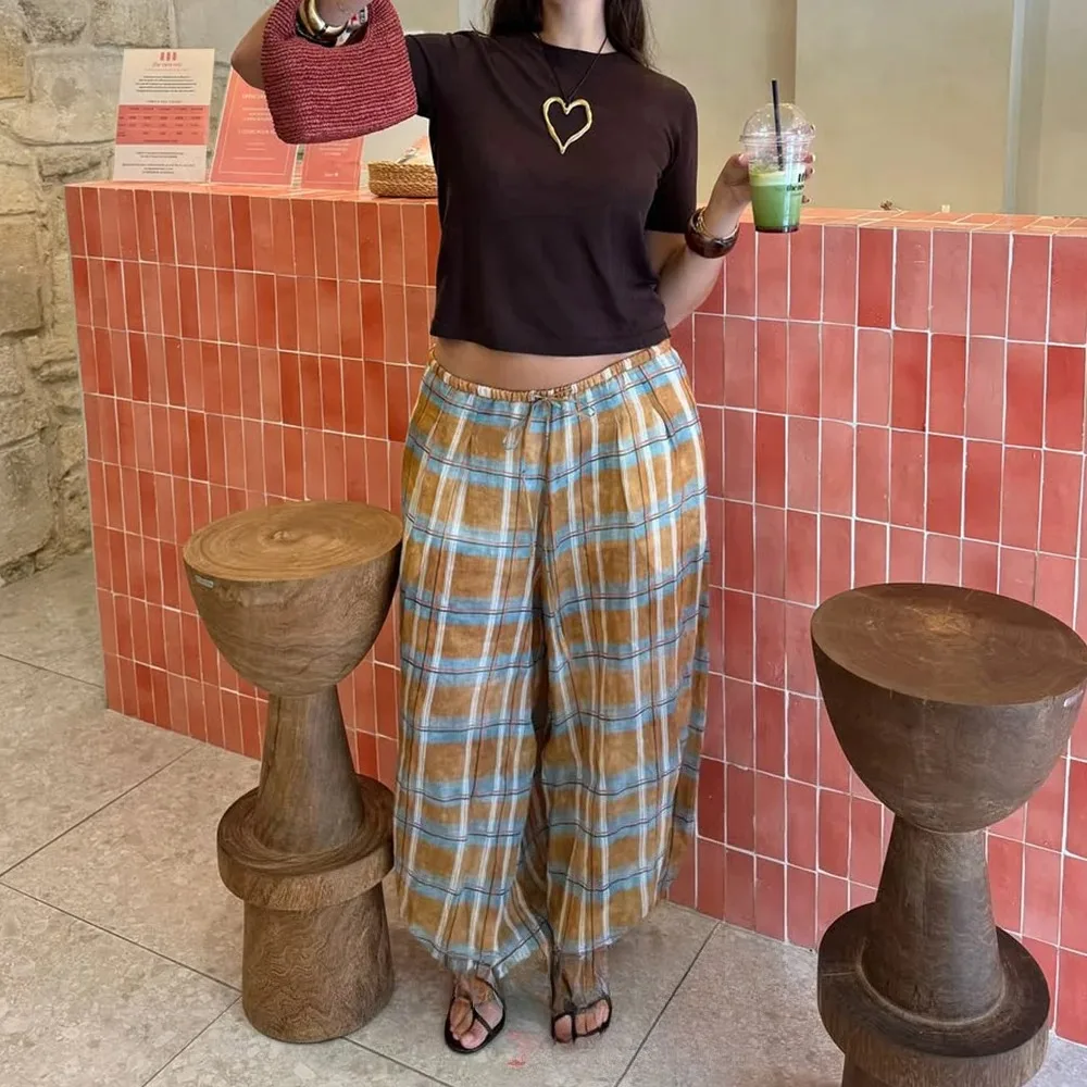 KONDALA Vintage Boho Plaid Lose Hosen Elastische Laterne Hosen Mode 2025, Herbst Urlaub Streetwear Hosen Elegante Frauen Hosen