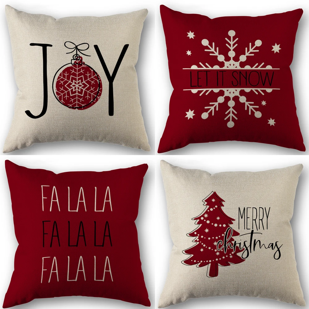 Rote Weihnachts-Kissenbezüge, 45,7 x 45,7 cm, 4er-Set, Weihnachtsdekoration, Frohe Baum, Freude, Let It Snow, FA La La Kissenbezug, Urlaubsdekoration