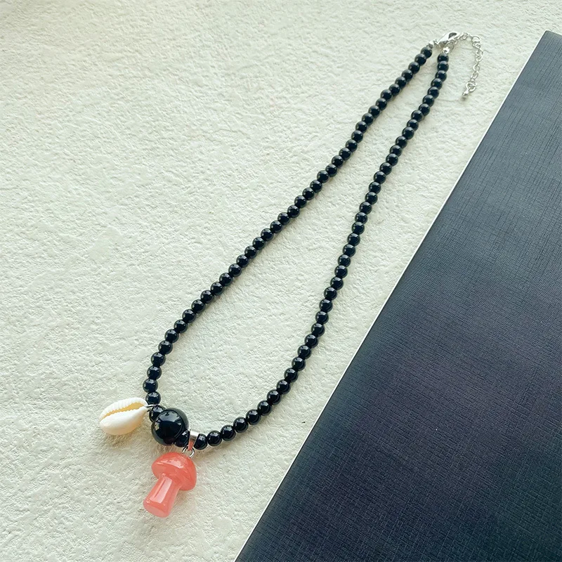 Colored stone mushroom shell pendant necklaces for women real stone beaded necklace summer beach outer banks jewelry