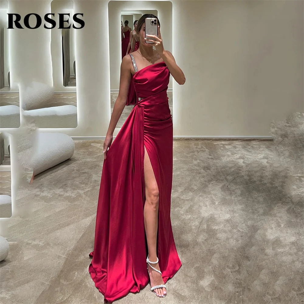 

ROSES Red Mermaid Long Party Dresses Side Split Pleat Vintage Night Dresses Sequined Stain Celebrity Dresses vestidos de fiesta