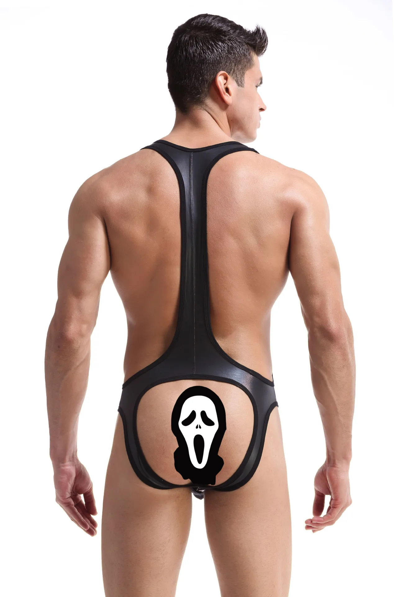 New Men Bodysuit Underwear Faux Leather Teddies Hips Open Lingerie Sexy Metal Chain Gay Jumpsuit Singlet Thong Wrestling Onesie