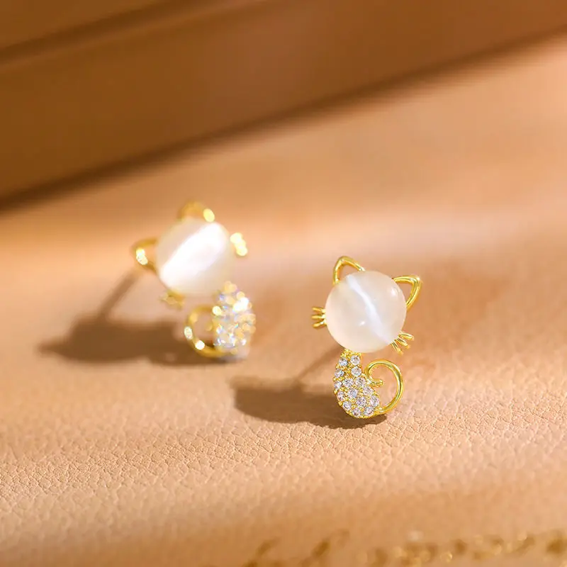 Cute Transparent Opal Cat Stud Earrings For Women Girls Trendy Gold Color Cat Astronaut Rabbit Zircon Earrings Accessories