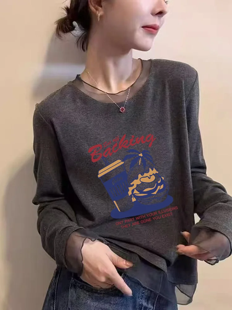 Retro American Lace round Neck Long Sleeve T-Shirt Women's Cartoon Anti-Aging Print Elastic Slimming Autumn Winter Base Shirt