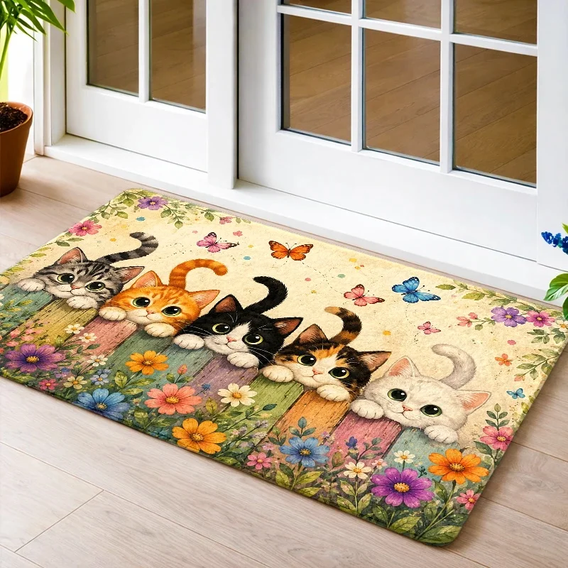 Cute Floral Cat Pattern Polyester Area Rug Indoor Mat for Nursery Bathroom Doorway Whimsical Animal Print Accent Rug Gift Home D