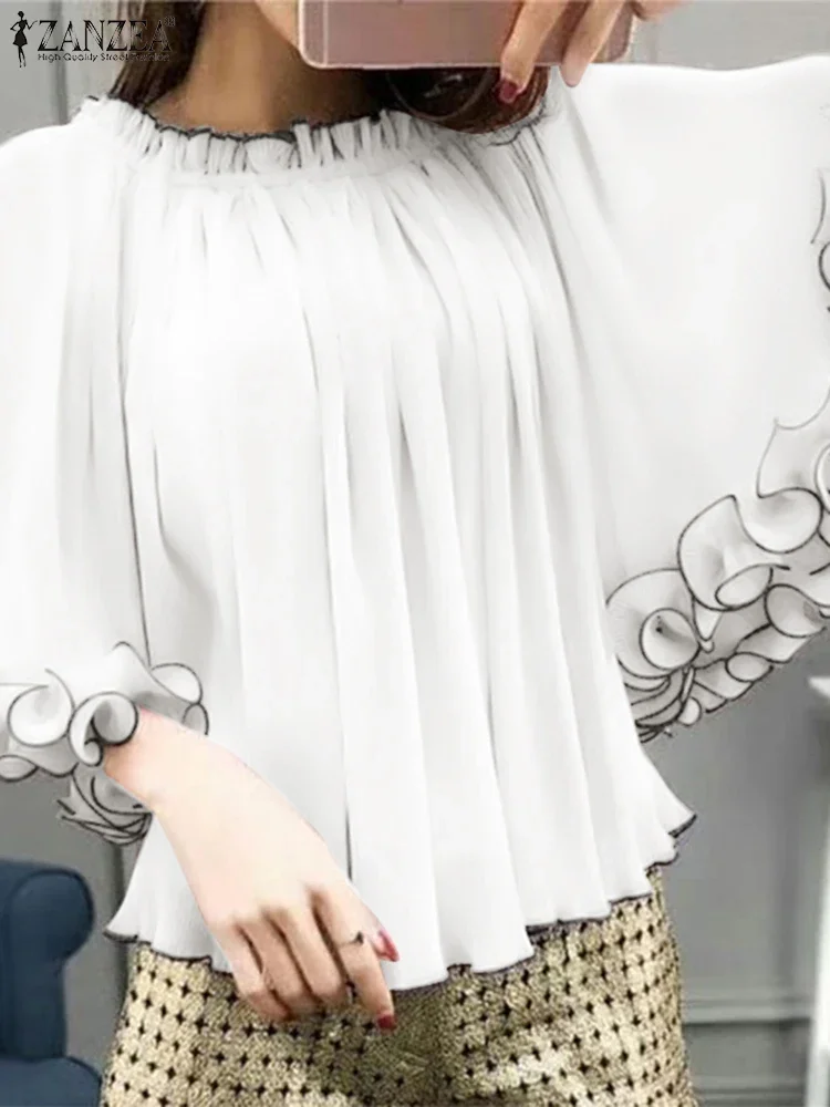 ZANZEA 2025 Camicetta da donna con maniche a pipistrello Camicetta coreana con volant Patchwork Top Chic elastico girocollo Tunica allentata Casual Blusas estivi