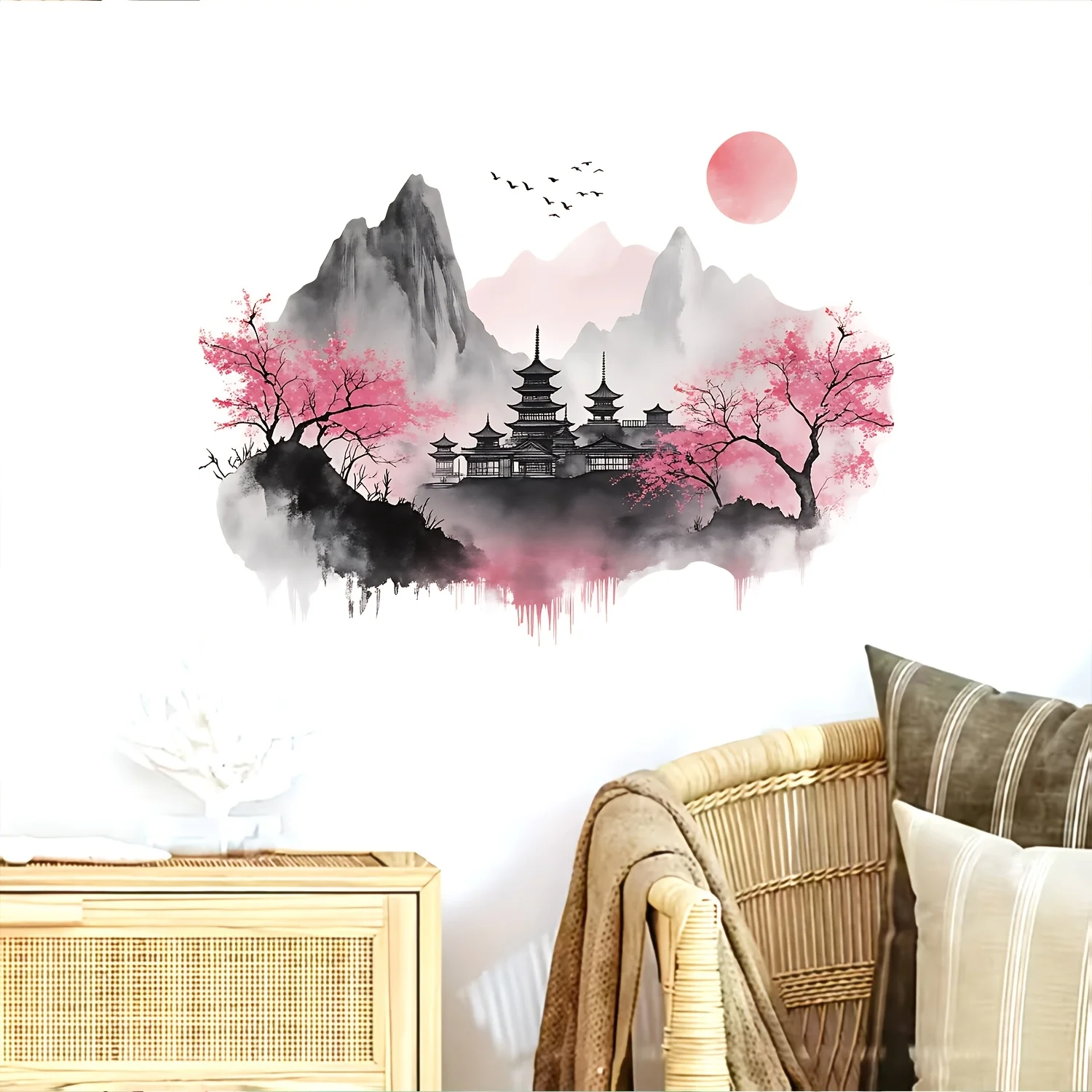 1 Ink-Style Landscape Wall Sticker, Cherry Blossom Pagoda National Style Decorative Sticker, Suitable for Chinese-Style Home Atmosphere Decoration, for Those Who Love National Style Aesthetics