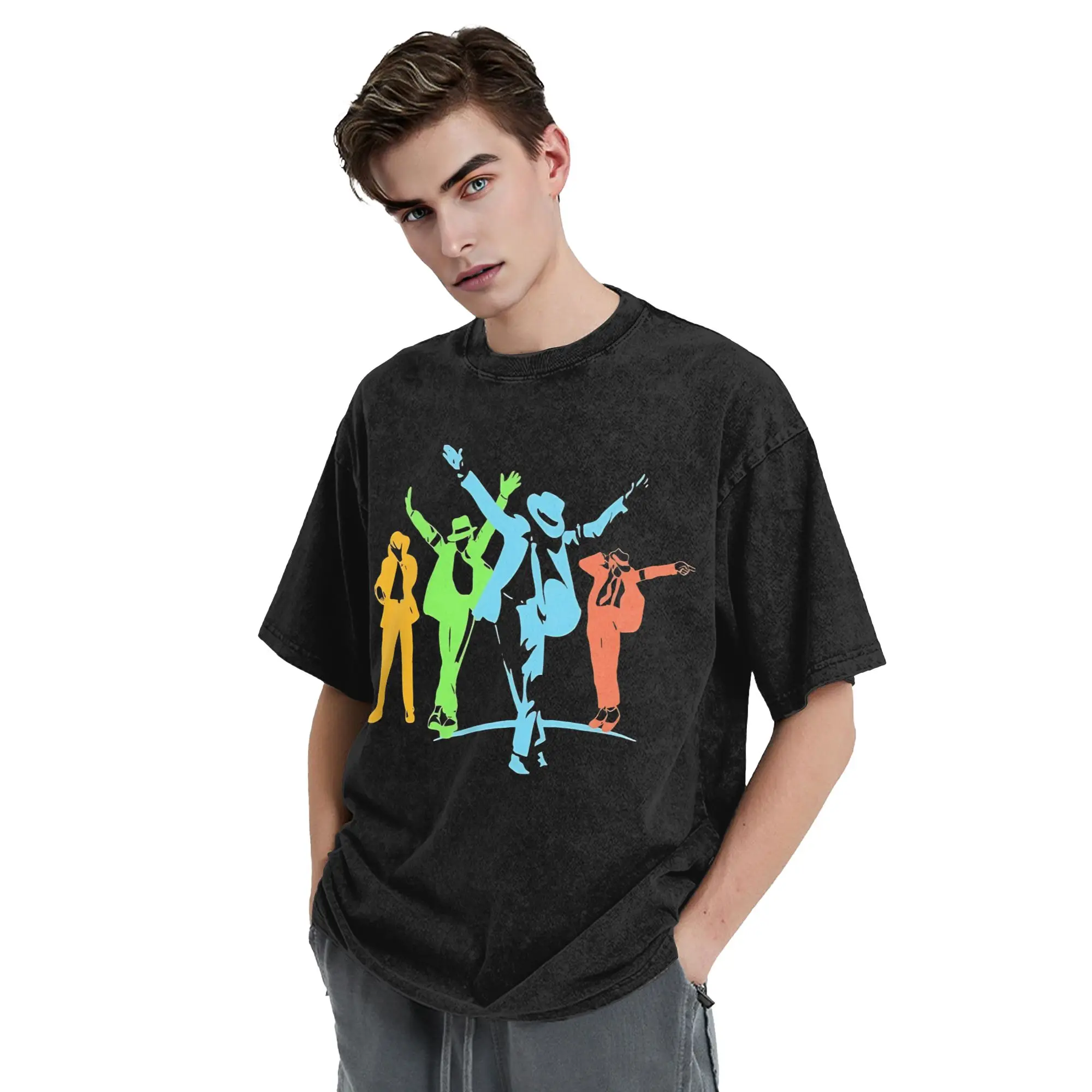 Washed T Shirt Neon Art MJ Hip Hop Vintage T-Shirts Harajuku Music Streetwear Cotton Graphic Tops Tops Tees Men Women