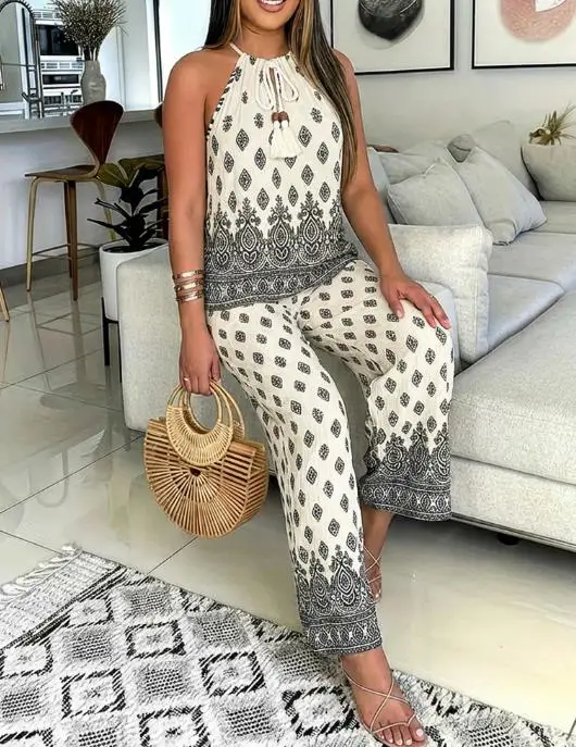 

Loose Women's Pants Set Summer Retro Baroque Style Printed Round Neck Lace Up Sleeveless Vest High Waist Wide Leg Pants Set