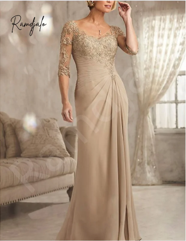 Robe en mousseline de soie champagne personnalisée, corsage en dentelle, manches trois quarts, perles, mère de la mariée, événements de mariage formels