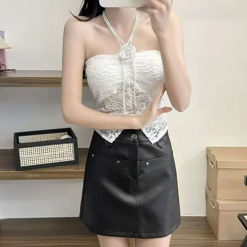 Halter Neck Lace-Up Top with 3D Floral Decoration Pearl Chain Detail Built-In Bra Support Women's Fashion Top