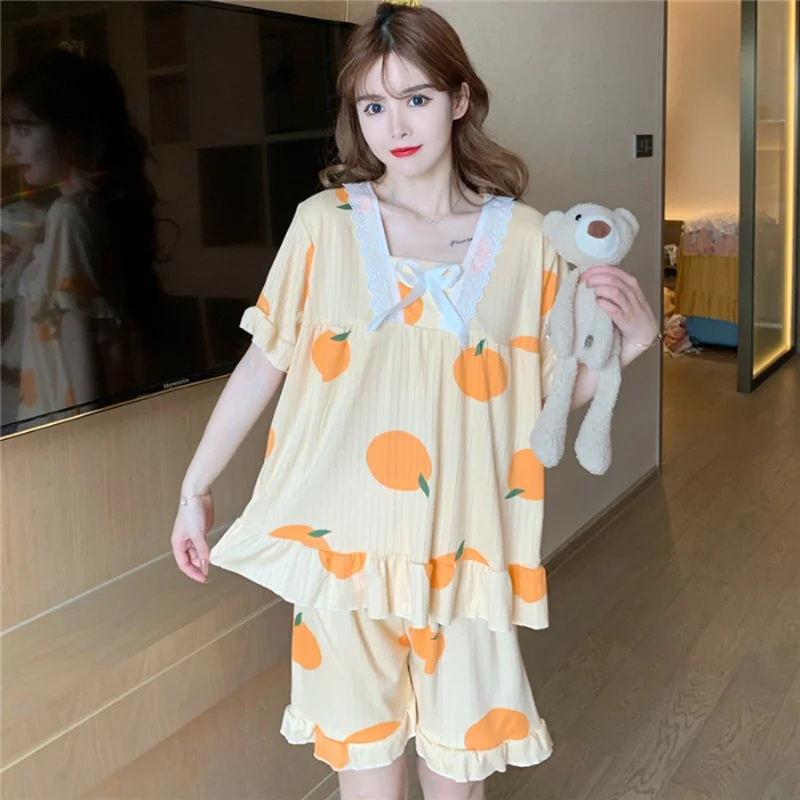 New Ladies Pajamas Women Summer Short-Sleeved Pyjamas Students Thin Section Lace Leisure Can Be Worn Outside the Home Clothing