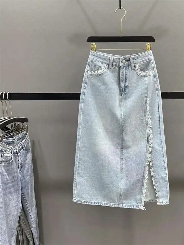 ارتفاع الخصر الدانتيل تقليم شق الدنيم ميدي تنورة المرأة Sli التخسيس مستقيم صالح Bodycon تنورة الكورية Sle مزيج القطن
