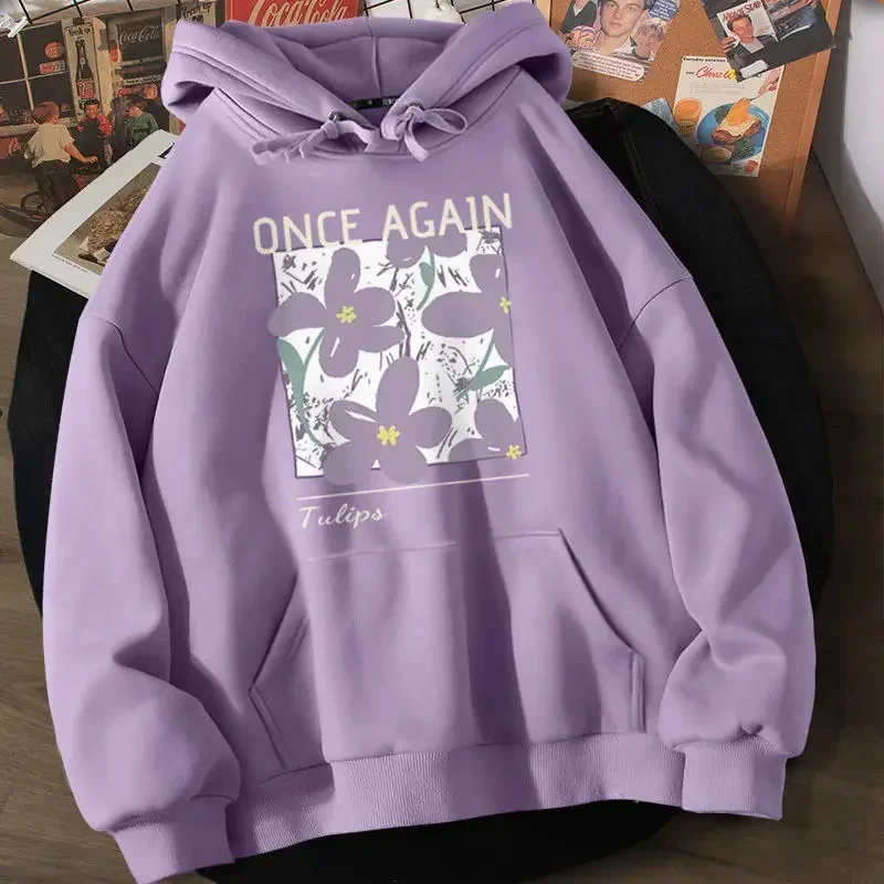 Autumn Winter Simple Floral Hooded Drawstring Loose Printing Female Hoodies Street Basic Casual Pocket Y2k Fashion Women Hoodies