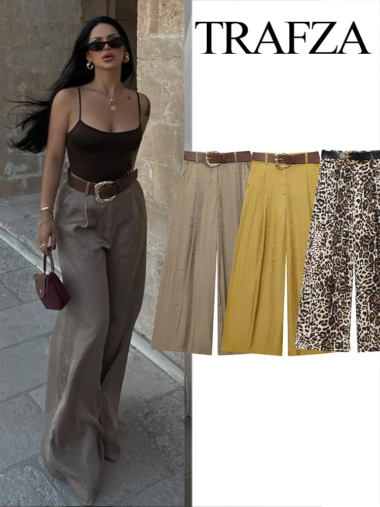 

TRAFZA Woman Fashion Side Pocket Zipper Casual Wide Leg Long Pants Female Elegant Belt Wrinkles Decorate 4-Color Loose Long Pant