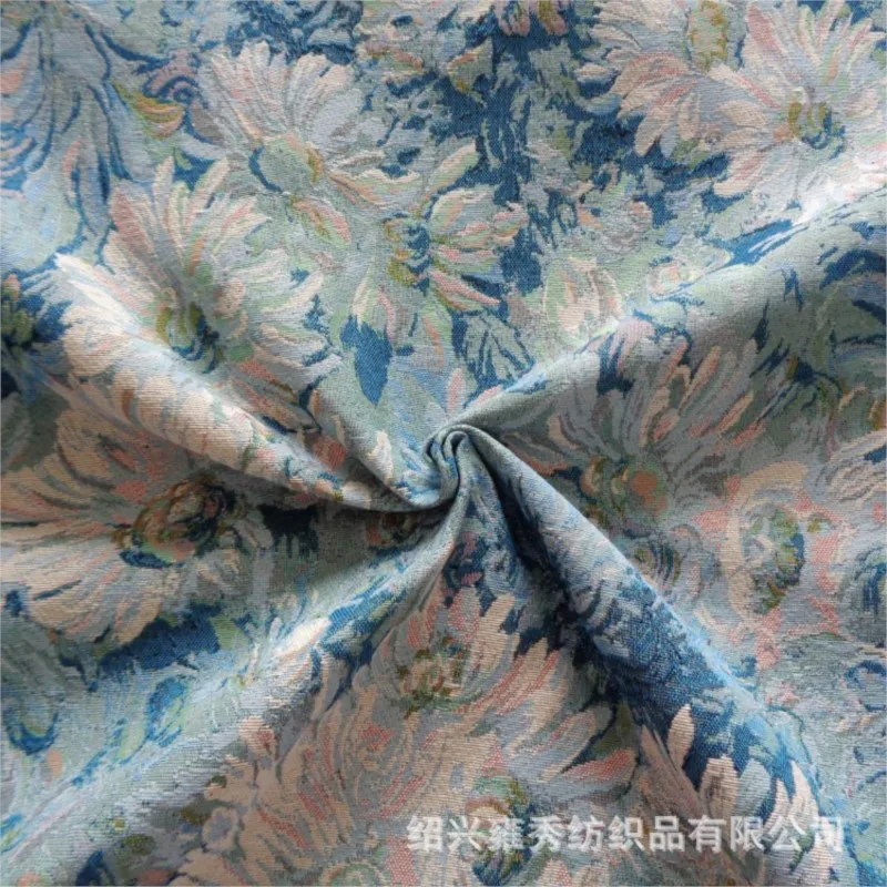 Blue and white ink chrysanthemum oil painting style yarn-woven polyester-cotton fabric crisp shoe clothing