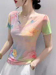 Summer Short Sleeve Mesh Tshirts Women V Neck Top T Shirt Ladies Sweet Print Flowers Tee Shirts FF6975