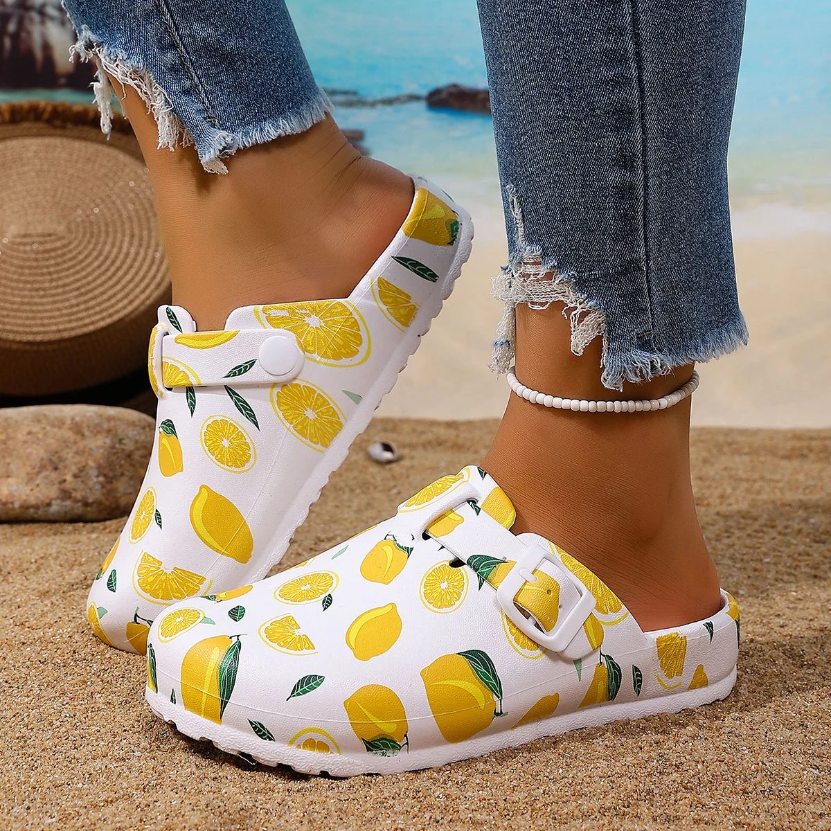 Fashion Women's Lemon Print Slip-On Shoes Adjustable Double Buckle Comfortable Thick Sole Durable Home Garden Streetwear