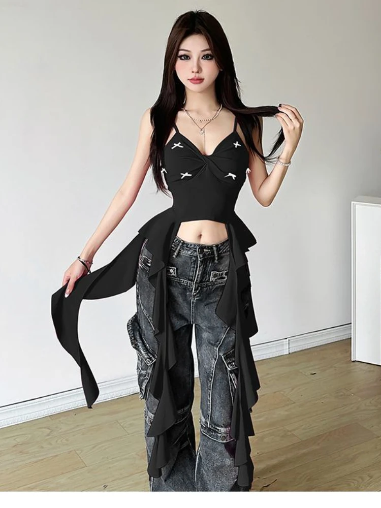 سترة بروتيل صيفية جديدة لعام 2025 للنساء موضة الشارع بقصة ضيقة وكشكشة علوية مثيرة بدون ظهر باللون الأحمر تناسب كل مباراة Mujer