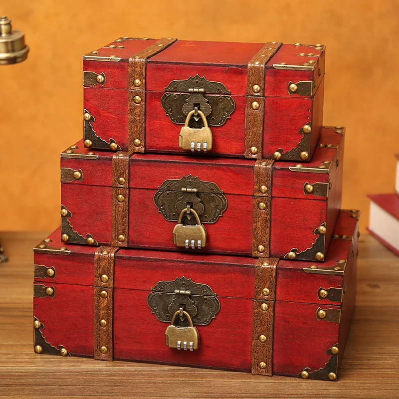 Retro Wooden Treasure Chest Vintage Jewelry Storage Box with Coded Lock for Photography Props Shop Window Decoration