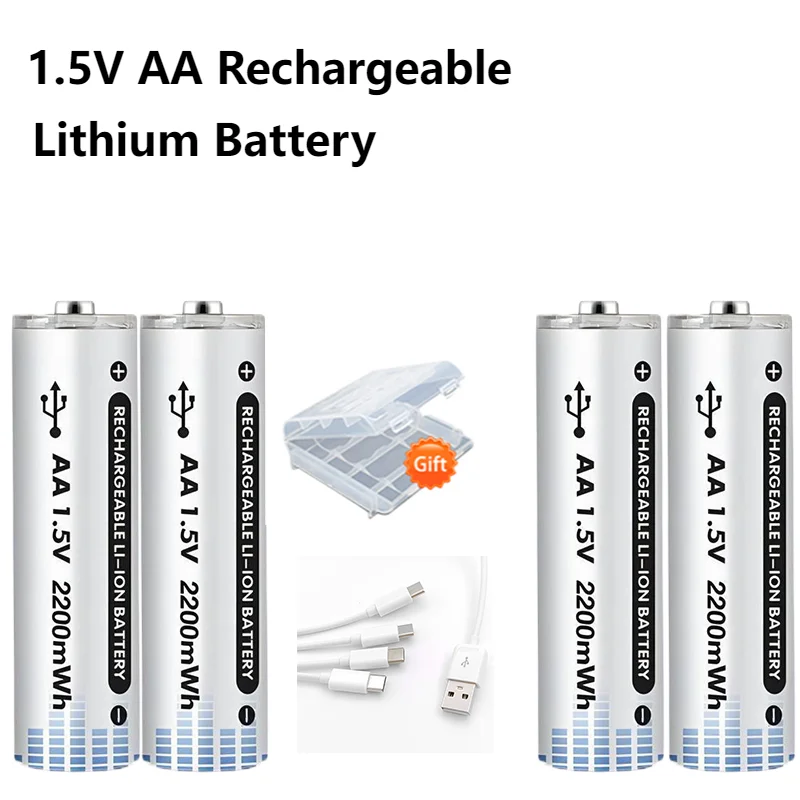 Batería recargable AA de iones de litio, pila de 1,5 V, AAA, USB, con capacidad de 2200mWh, para teclado de juguete LED de Control remoto