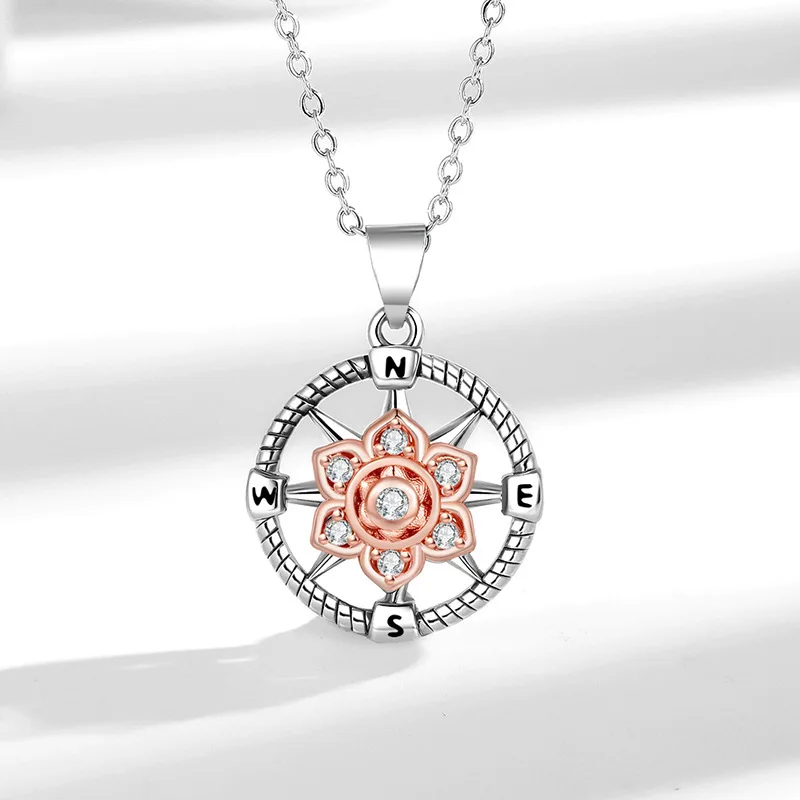 Elegant Female White Zircon Stone Skeleton Compass Lotus Pendant Necklace Silver Rose Gold Color Wedding Jewelry For Women