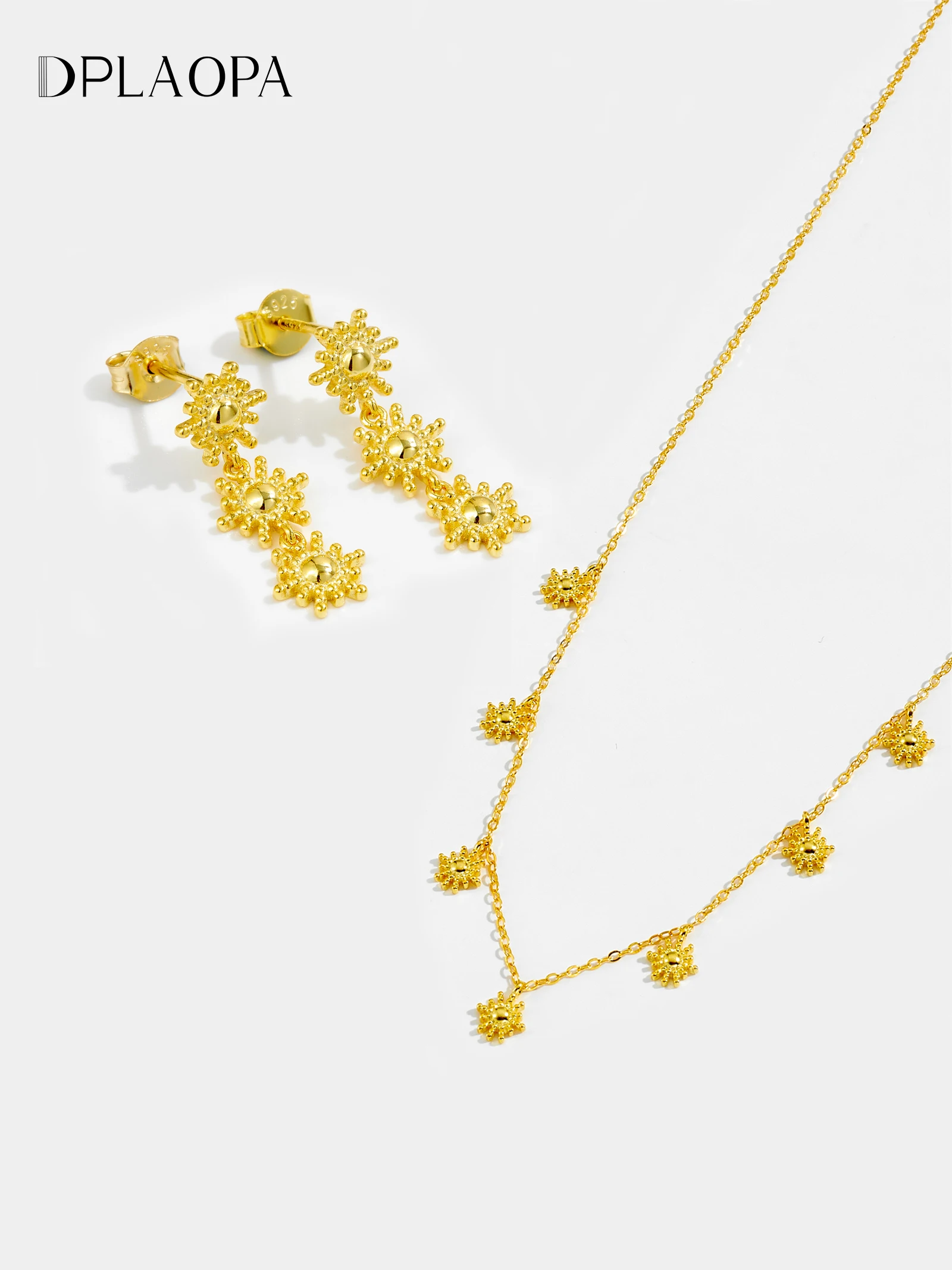 DPLAOPA 925 Sterling Silver Gold Sun Flower Drop Earring Naszyjnik Zestaw biżuterii dla kobiet Luksusowa biżuteria ślubna w stylu vintage