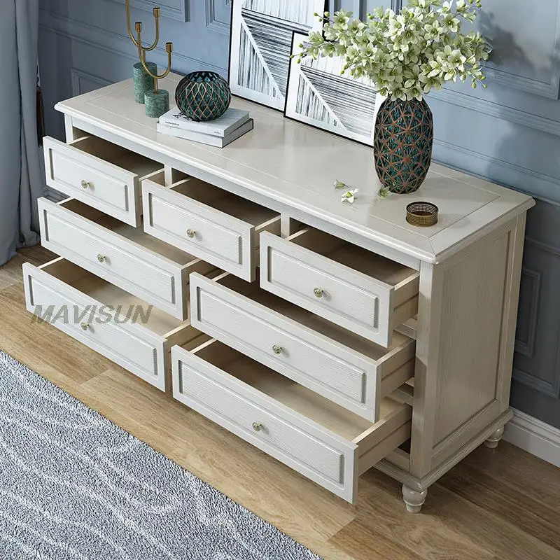 Seven Drawers American Ash Solid Wood Door Cabinet Storage Display Noble White Practical Side Cabinet Living Room Furniture