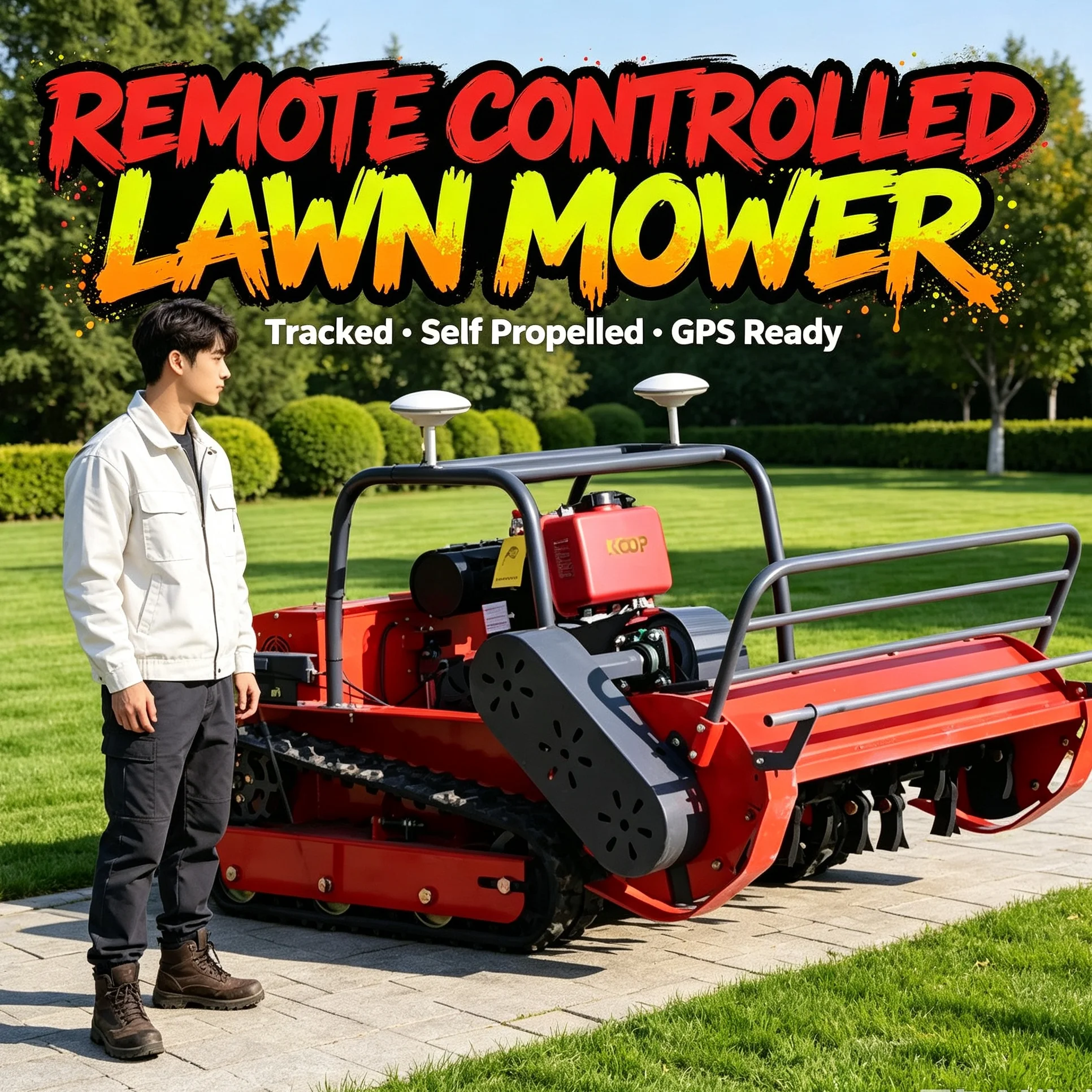 Customized Crawler Lawn Mower fits warning light & adjustable cutting height for stable operation on rugged slope lawn surround