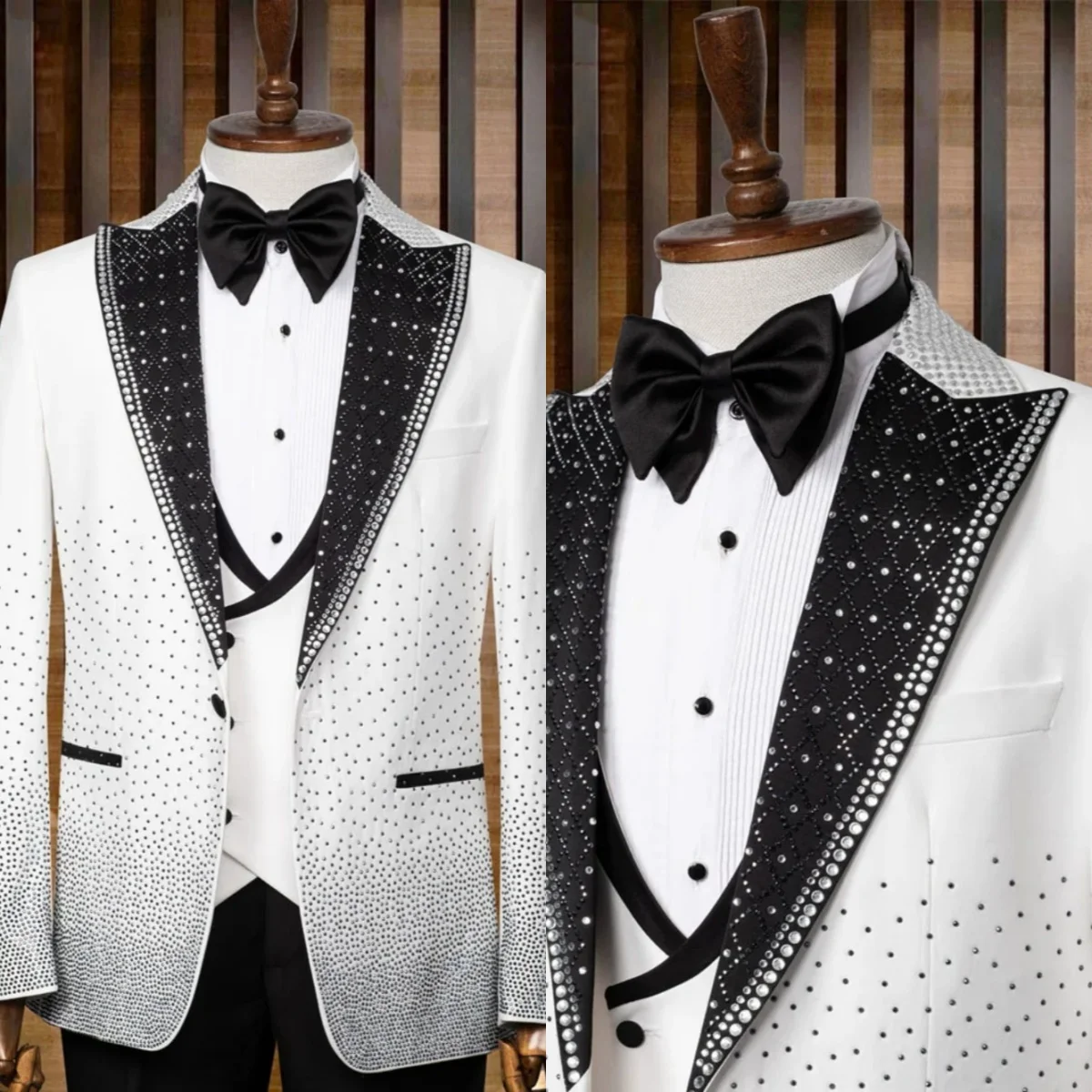 

Elegant Wedding Tuxedos 3 Pcs Beaded Men Suit Luxurious Peaked Lapel One Button Evening Prom Groom Blazers Customized