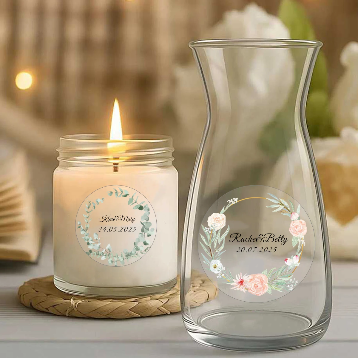 54–540 Stück transparente, personalisierte Hochzeitsetiketten, individuelle runde Hochzeitsgeschenkaufkleber, personalisierte Namen- und Datumsaufkleber – Detail 3
