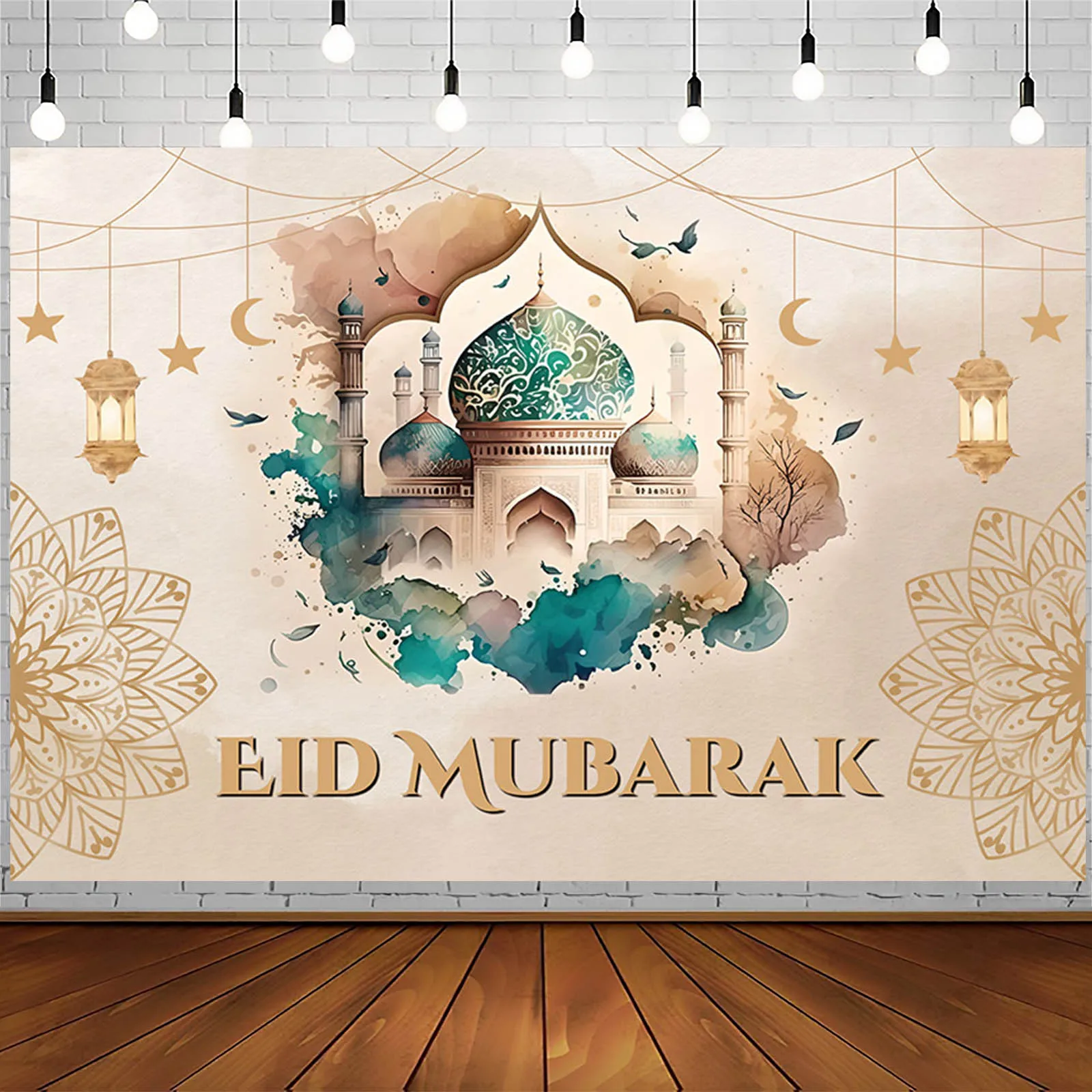 Eid Mubarak 사진 배경 꽃 달 모스크 랜턴, 라마단 아라비안 나이트, Eid al-Fitr 배경, 레트로 파티 장식