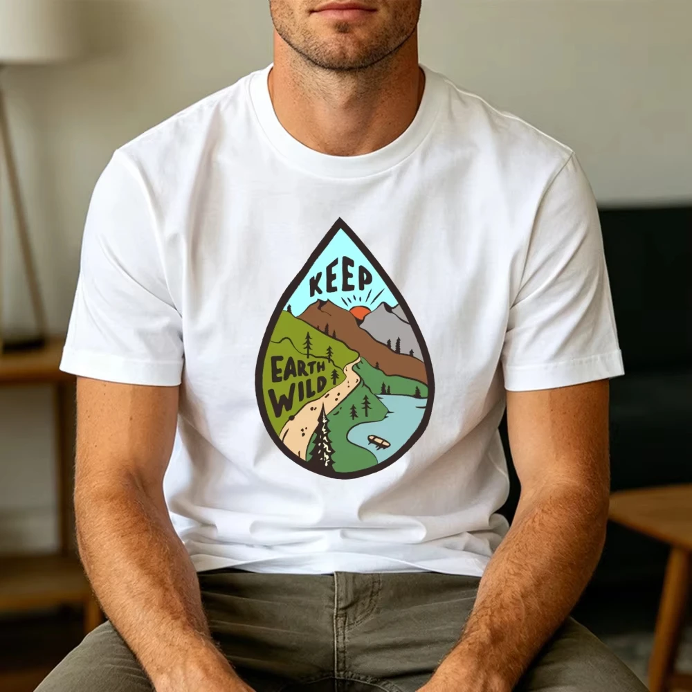 Keep Earth Wild Water Drop Graphic T Shirt Men Eco Friendly Nature Badge Top Summer Environmental Camping Clothes