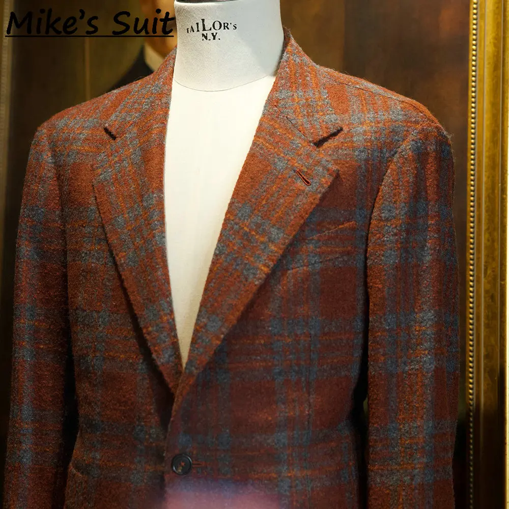 Men Rust Prince of Wales Check Tweed Wool Blazer Single Breasted Vintage British Casual Sport Coat