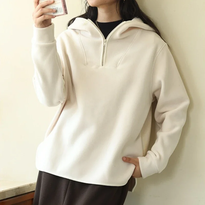 Women's Thickened Long Sleeve Half-Zip Hoodie Casual Autumn Winter Sports Pullover Solid Loose Fashion Hooded Sweatshirt